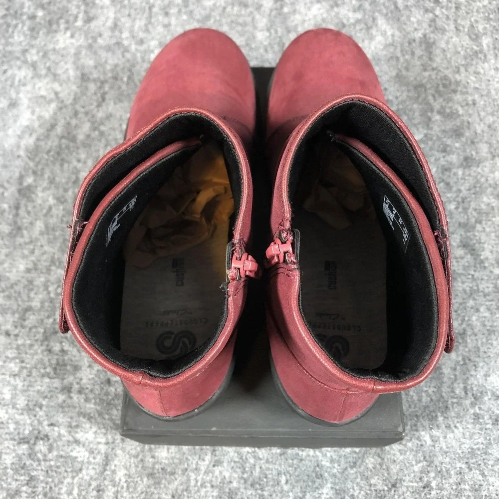 Clarks Cloudsteppers Ankle Boots Womens 8 M Red Leather Side Zip Comfort Booties